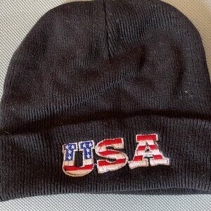USA flag beanie knit hat Black OS